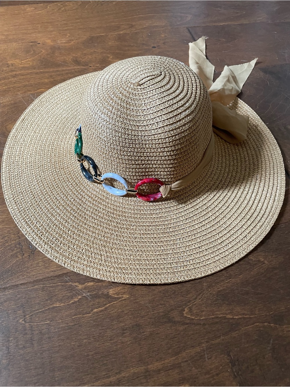 Straw Wide-Brim Sun Hat with Multicolor Chain Accent